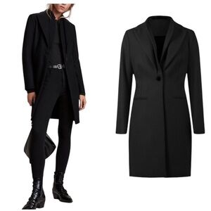 All Saints Black Lyris Double Collar Tailored Italian Cloth Coat 00